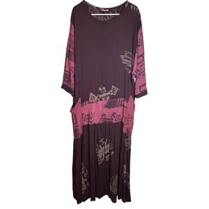 Vintage Laise Adzer Bohemian Plum Rose Print Maxi Dress Lagenlook Pockets OS